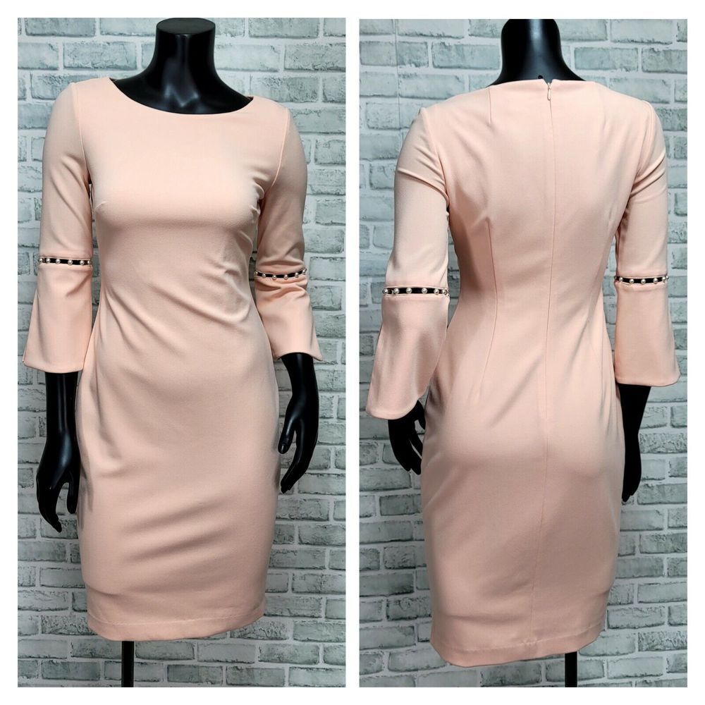 Calvin Klein 2 Pink Pearl Inset Bell Sleeve Sheath Dress Easter‎ Church Career